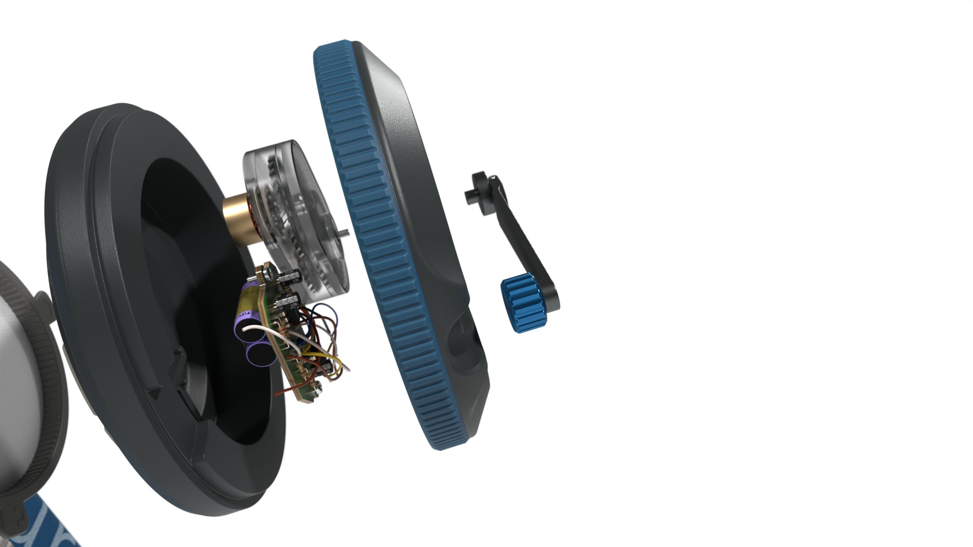 Exploded view of housing and subsystems, render
